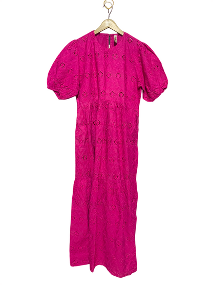 ETHINC |M| BUST 17| A17| WOMEN'S VIBRANT PINK EMBROIDERED EYELET PUFF-SLEEVE MAXI DRESS