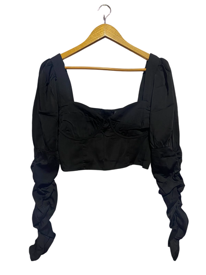 LOVE & OTHER THINGS |S| BUST 15| A17| WOMEN'S CHIC BLACK SWEETHEART RUCHED SLEEVE CROP TOP