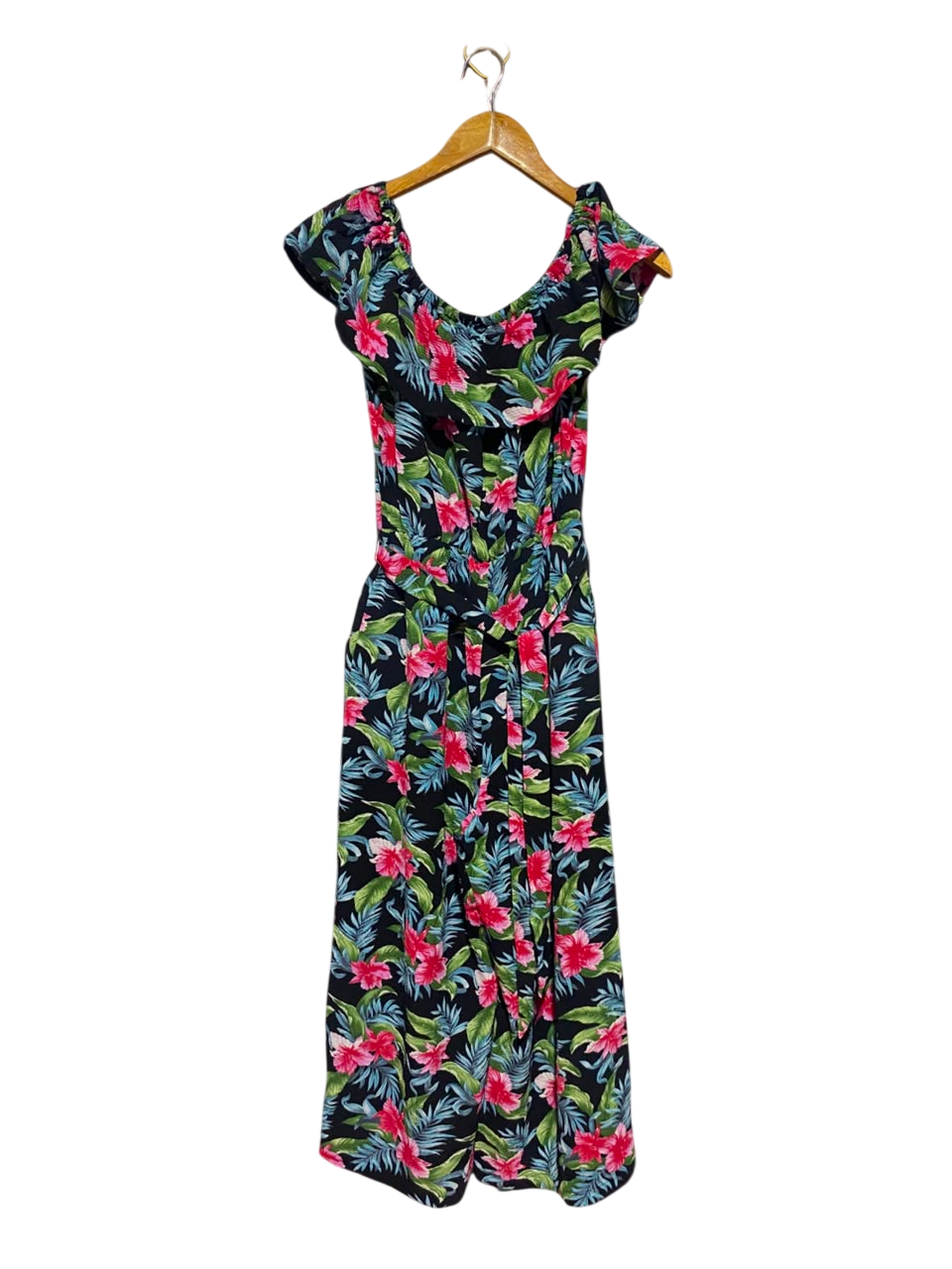 LIPSY |S| BUST 14| A17| WOMEN'S TROPICAL PRINT OFF-THE-SHOULDER RUFFLE JUMPSUIT