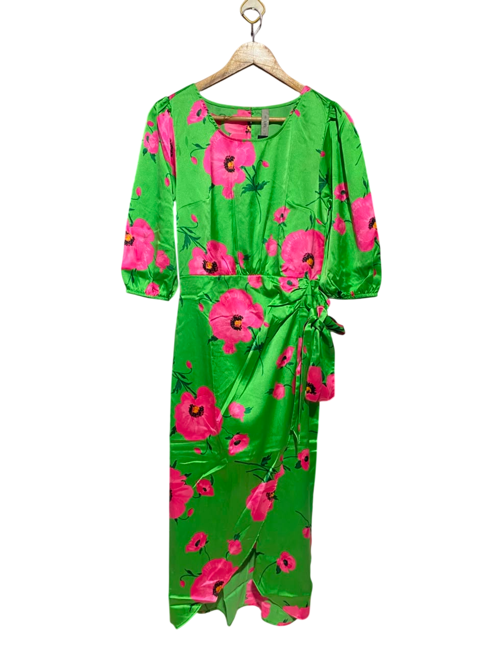 F&F |M| BUST 17| A17| WOMEN'S VIBRANT GREEN & PINK FLORAL PRINT SIDE-TIE DRESS