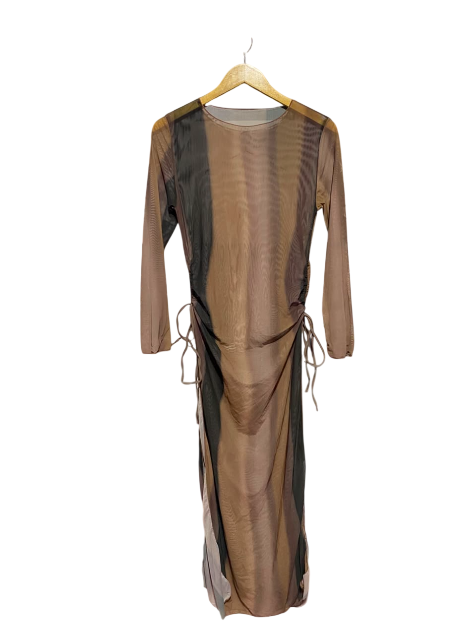 |S| BUST 16| A17| WOMEN'S EARTH-TONE MESH RUCHED LONG-SLEEVE MIDI DRESS