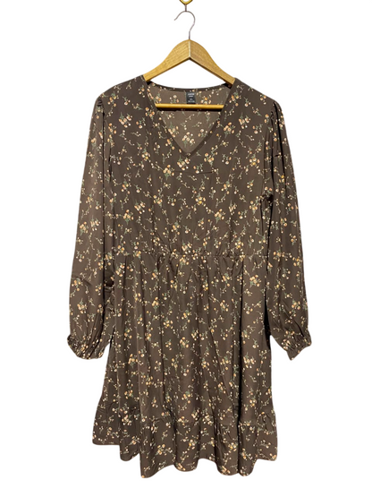SHEIN CURVE |XL| BUST 22| A17| WOMEN'S BROWN DITSY FLORAL PRINT V-NECK LONG-SLEEVE DRESS