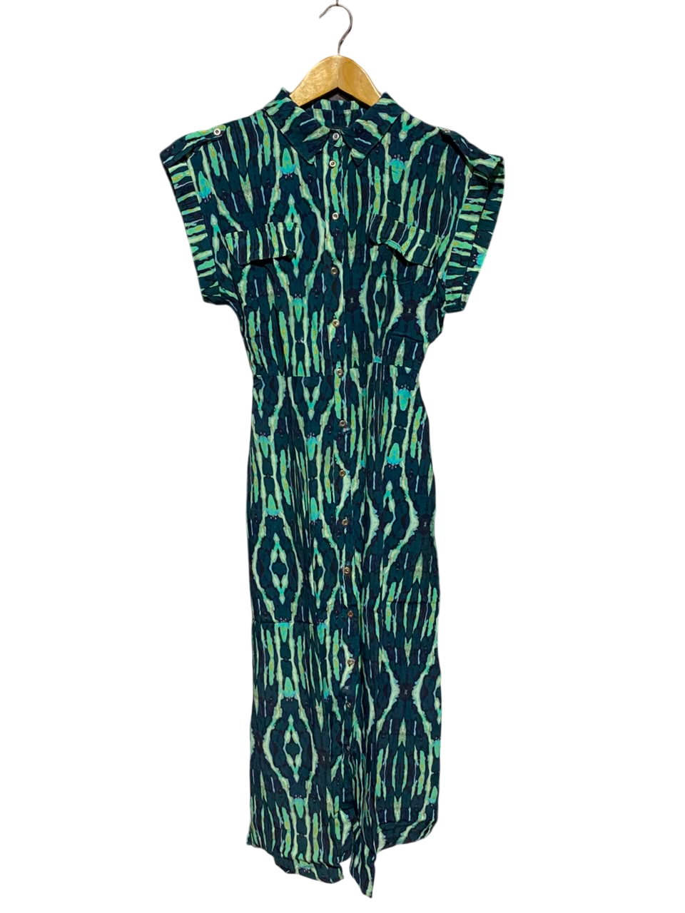 KAREN MILLEN |M| BUST FREE| A17| WOMEN'S STYLISH GREEN AND TEAL GEOMETRIC PRINT SHIRT DRESS