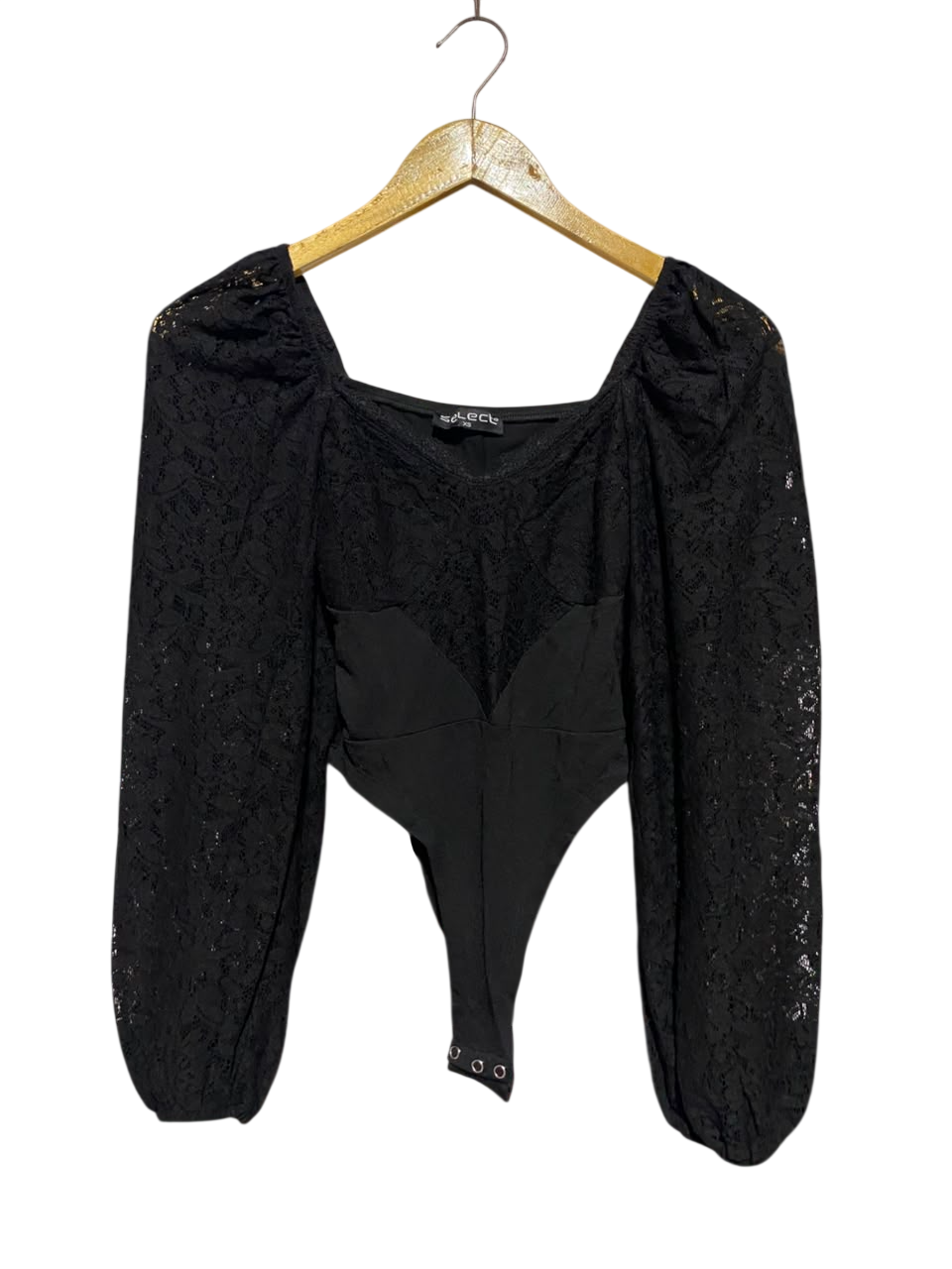 SELECT |XS| BUST 12| A17| WOMEN'S ELEGANT BLACK LACE LONG-SLEEVE BODYSUIT