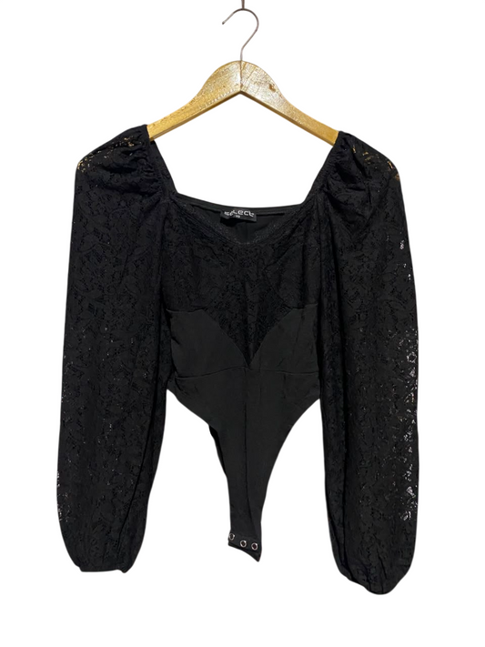 SELECT |XS| BUST 12| A17| WOMEN'S ELEGANT BLACK LACE LONG-SLEEVE BODYSUIT