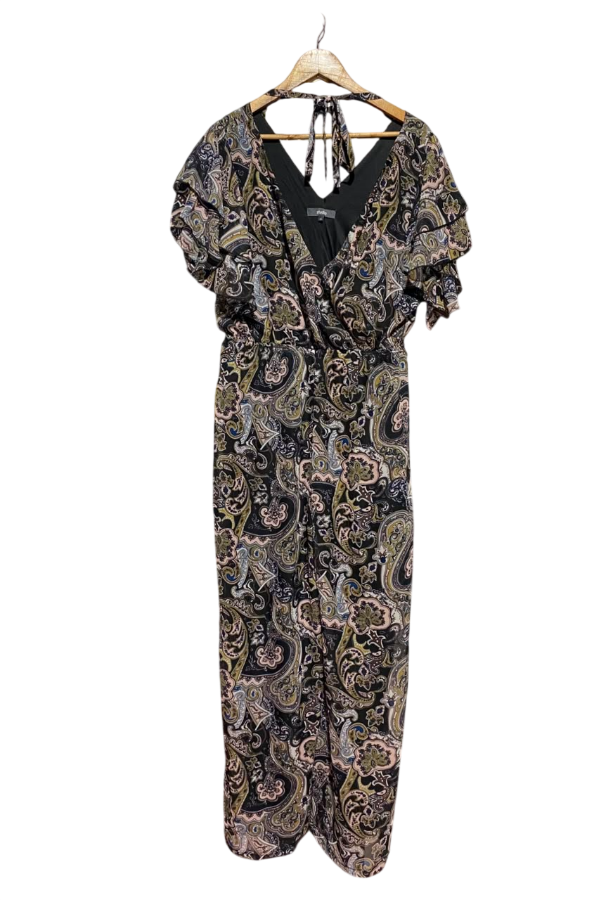 STUDIO |L| BUST 20| A17| WOMEN'S ELEGANT PAISLEY PRINT RUFFLE-SLEEVE MAXI JUMPSUIT