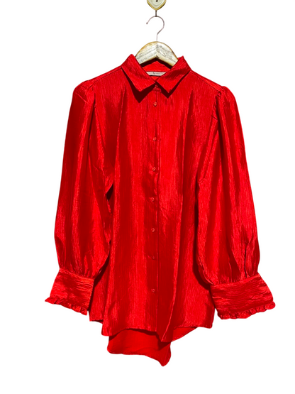 TU WOMAN |L| BUST 19| A17| WOMEN'S VIBRANT RED SATIN-FINISH BLOUSE WITH RUFFLE CUFFS