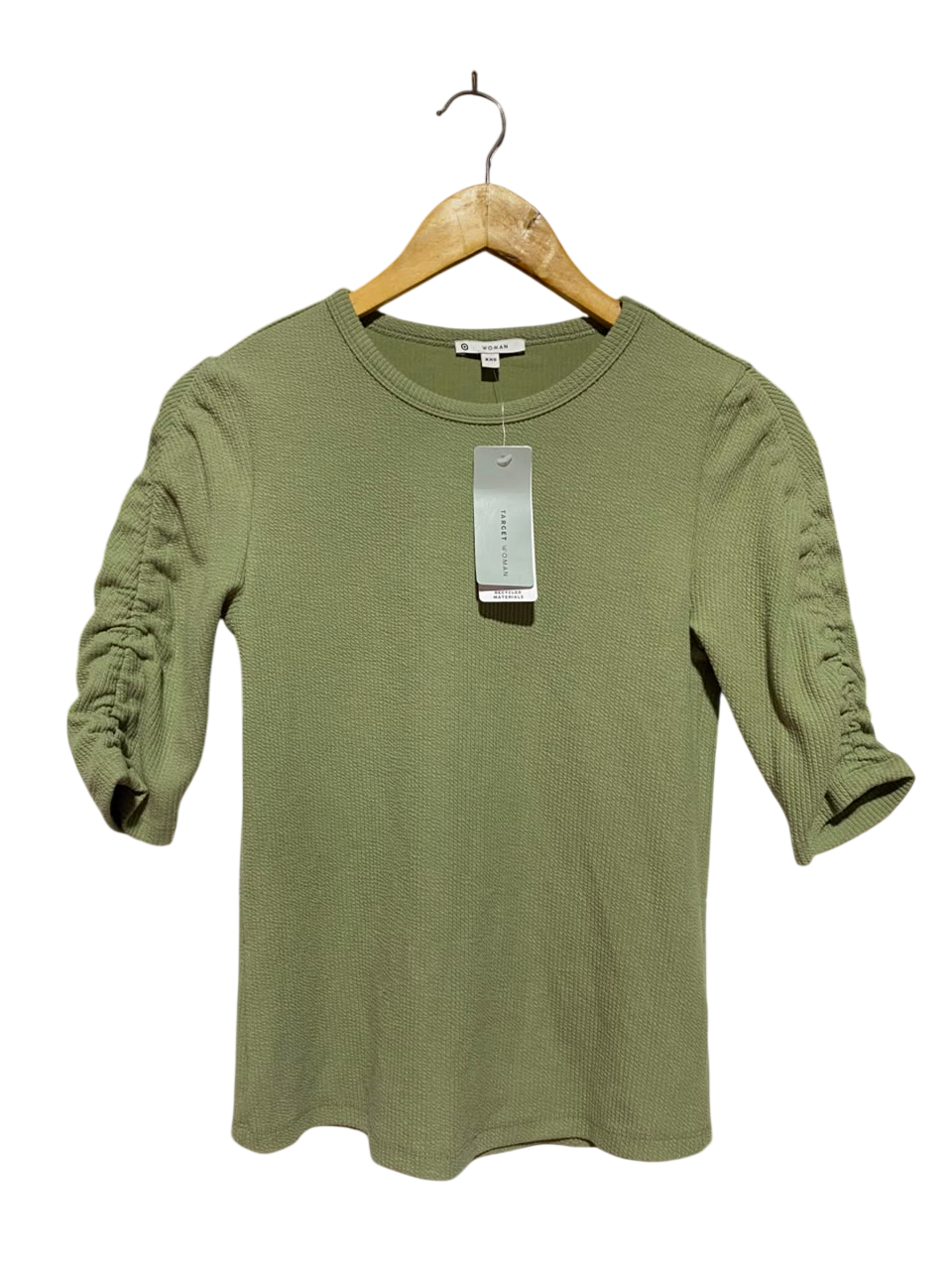 TARGET WOMAN |S| BUST 15| A17| WOMEN'S SAGE GREEN RUCHED-SLEEVE RIBBED TOP