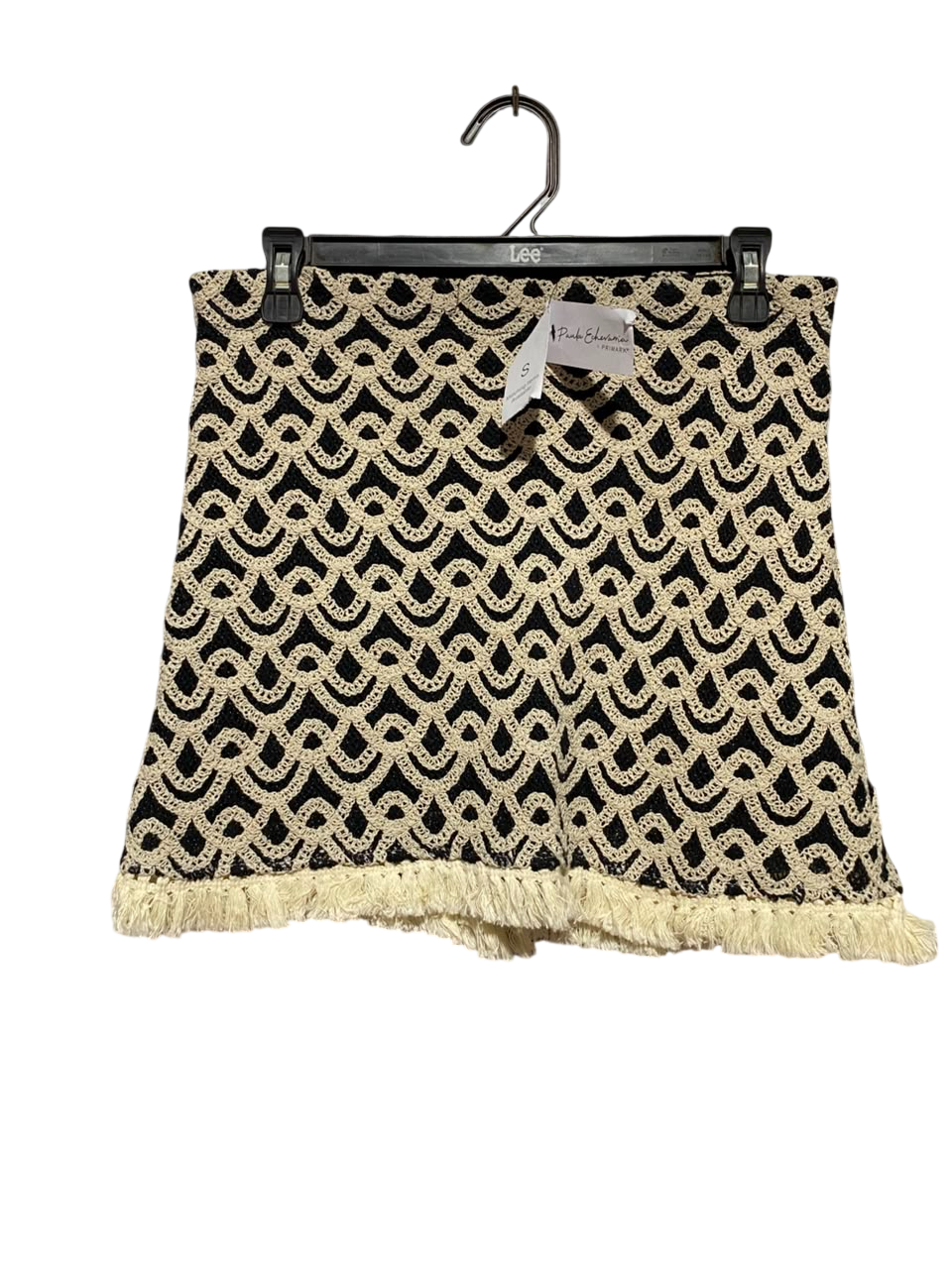 PRIMARK |S| WAIST 30| A17 | WOMEN'S BLACK & CREAM CROCHET KNIT MINI SKIRT WITH FRINGE HEM