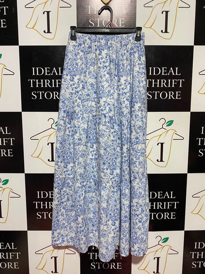 SHEIN |S| WAIST 26| A17| WOMEN'S ELEGANT BLUE AND WHITE FLORAL PRINT TIERED MAXI SKIRT