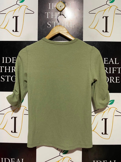 TARGET WOMAN |S| BUST 15| A17| WOMEN'S SAGE GREEN RUCHED-SLEEVE RIBBED TOP