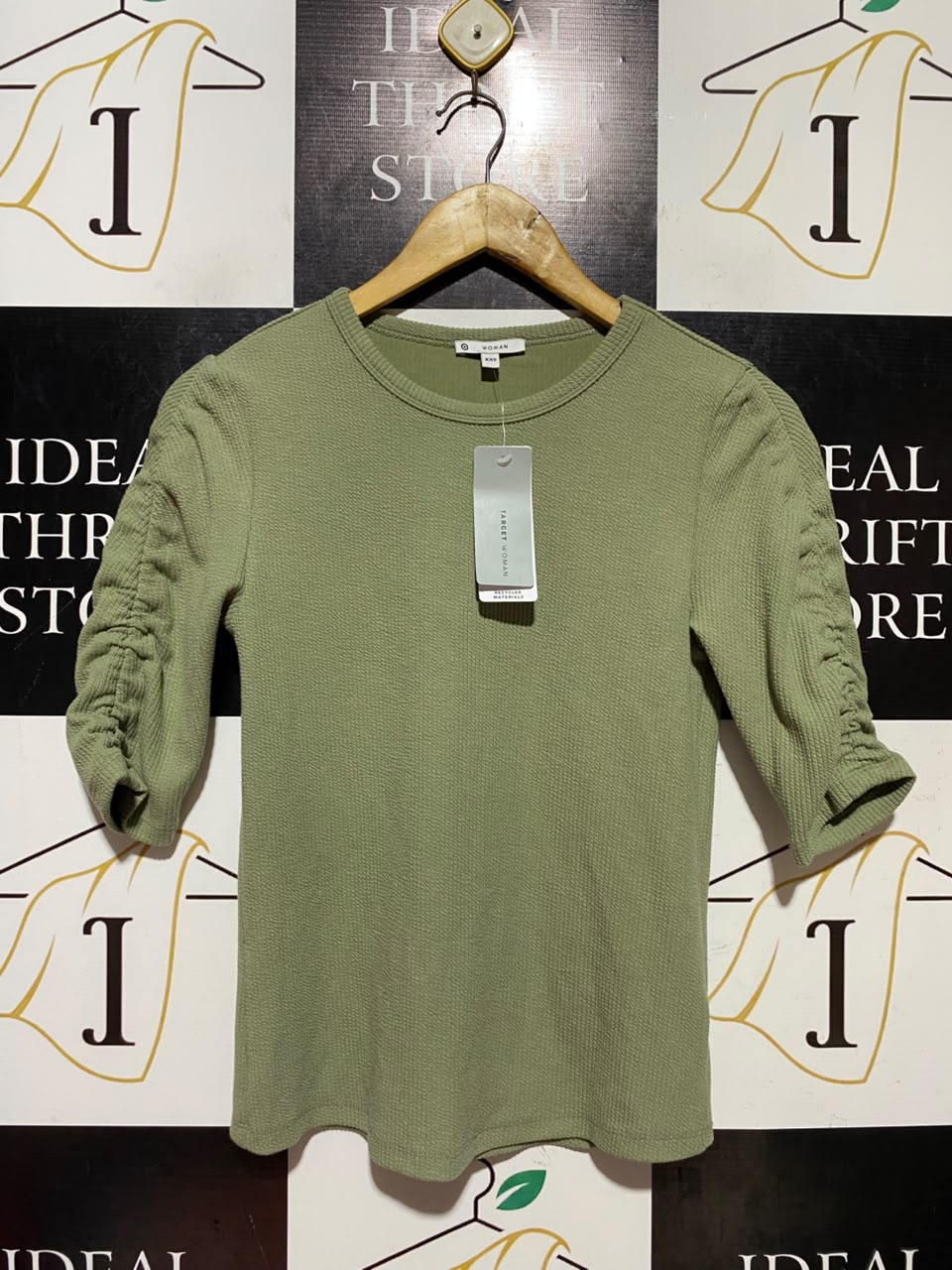 TARGET WOMAN |S| BUST 15| A17| WOMEN'S SAGE GREEN RUCHED-SLEEVE RIBBED TOP