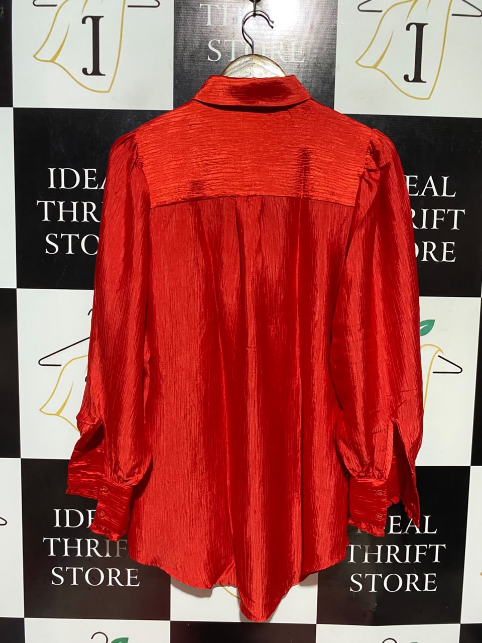 TU WOMAN |L| BUST 19| A17| WOMEN'S VIBRANT RED SATIN-FINISH BLOUSE WITH RUFFLE CUFFS