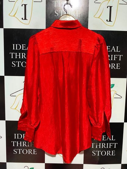 TU WOMAN |L| BUST 19| A17| WOMEN'S VIBRANT RED SATIN-FINISH BLOUSE WITH RUFFLE CUFFS