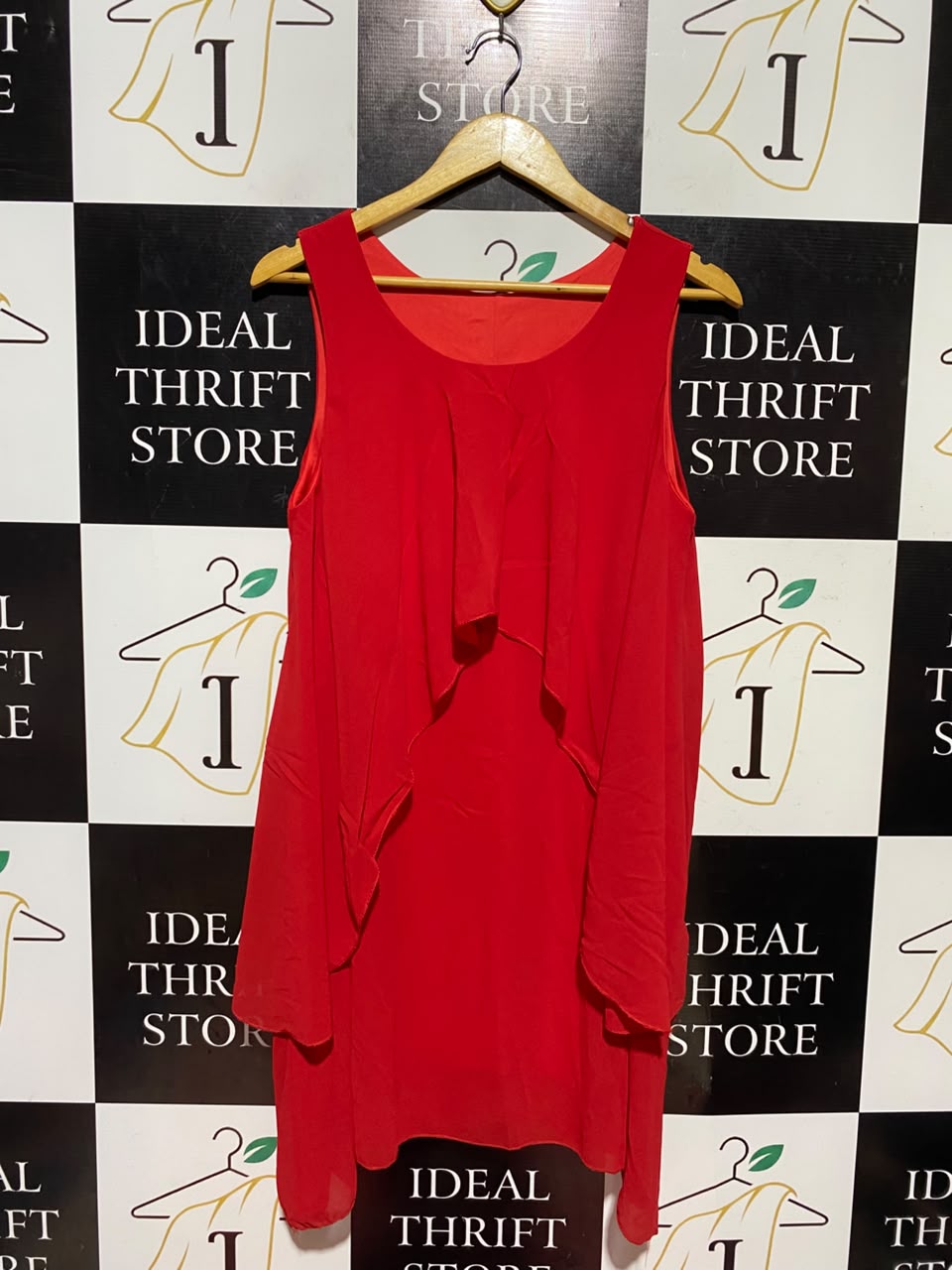 JW MODA |L| BUST 19| A17| WOMEN'S VIBRANT RED SLEEVELESS LAYERED CHIFFON DRESS