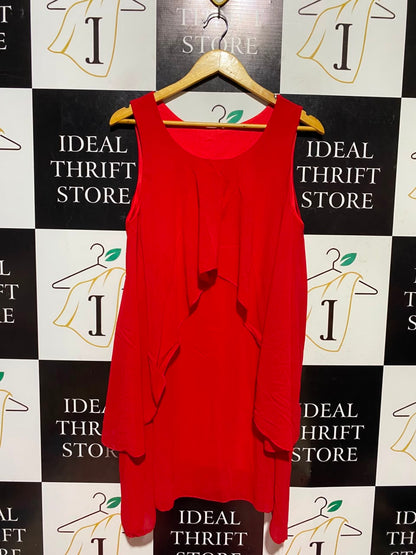 JW MODA |L| BUST 19| A17| WOMEN'S VIBRANT RED SLEEVELESS LAYERED CHIFFON DRESS