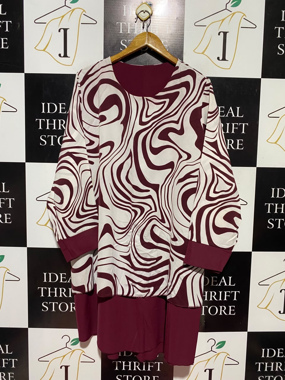 |L| BUST 23| A17| WOMEN'S STYLISH BURGUNDY AND WHITE SWIRL-PRINT LAYERED TUNIC