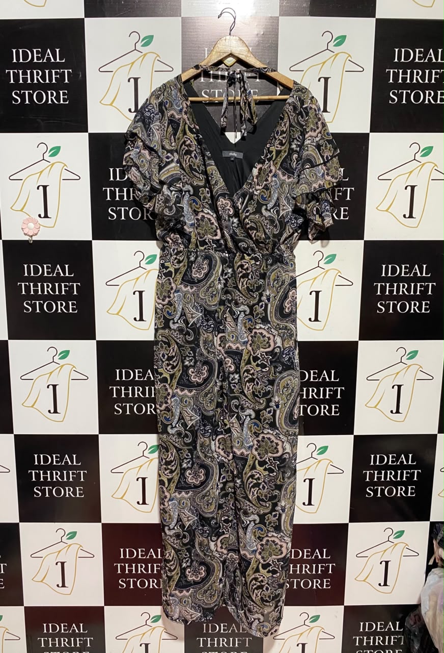 STUDIO |L| BUST 20| A17| WOMEN'S ELEGANT PAISLEY PRINT RUFFLE-SLEEVE MAXI JUMPSUIT