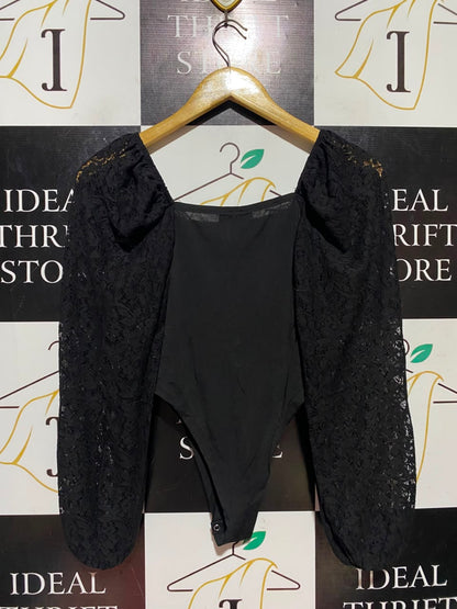 SELECT |XS| BUST 12| A17| WOMEN'S ELEGANT BLACK LACE LONG-SLEEVE BODYSUIT