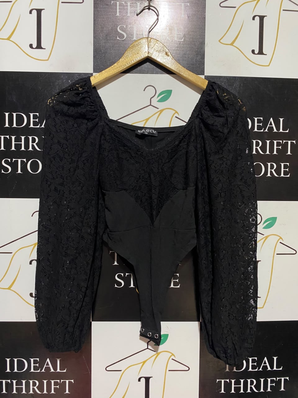 SELECT |XS| BUST 12| A17| WOMEN'S ELEGANT BLACK LACE LONG-SLEEVE BODYSUIT