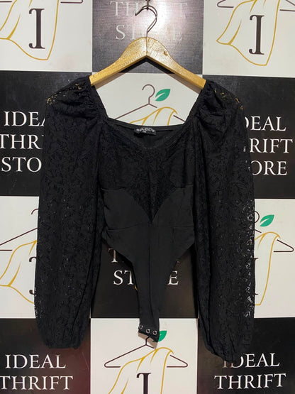 SELECT |XS| BUST 12| A17| WOMEN'S ELEGANT BLACK LACE LONG-SLEEVE BODYSUIT
