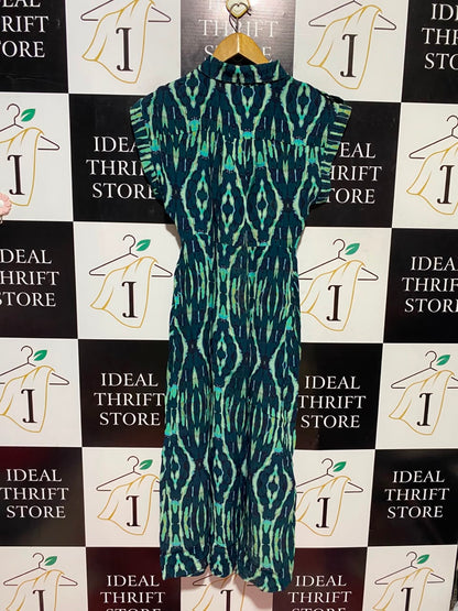 KAREN MILLEN |M| BUST FREE| A17| WOMEN'S STYLISH GREEN AND TEAL GEOMETRIC PRINT SHIRT DRESS