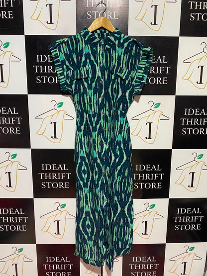KAREN MILLEN |M| BUST FREE| A17| WOMEN'S STYLISH GREEN AND TEAL GEOMETRIC PRINT SHIRT DRESS