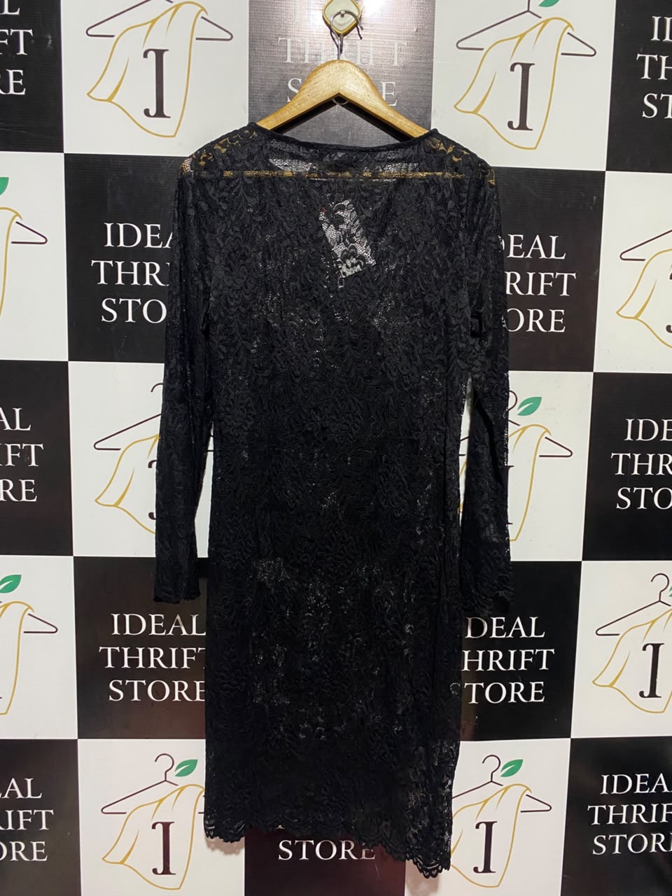 KALEIDO SCOPE |M| BUST 18| A17| WOMEN'S CLASSIC BLACK LACE LONG-SLEEVE MIDI DRESS