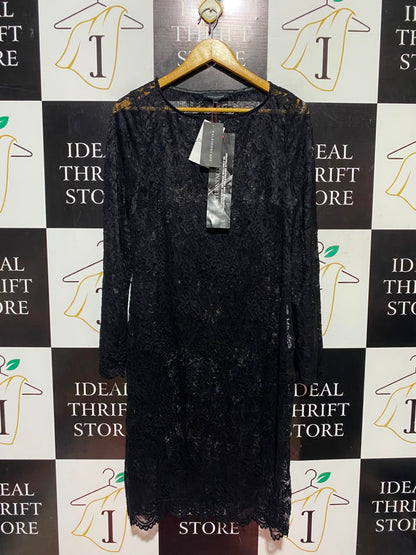 KALEIDO SCOPE |M| BUST 18| A17| WOMEN'S CLASSIC BLACK LACE LONG-SLEEVE MIDI DRESS