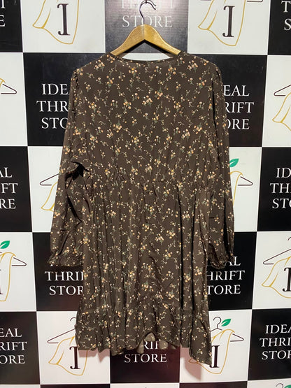 SHEIN CURVE |XL| BUST 22| A17| WOMEN'S BROWN DITSY FLORAL PRINT V-NECK LONG-SLEEVE DRESS