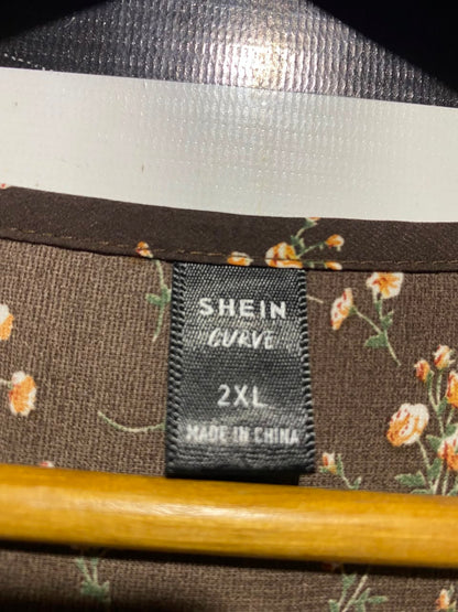 SHEIN CURVE |XL| BUST 22| A17| WOMEN'S BROWN DITSY FLORAL PRINT V-NECK LONG-SLEEVE DRESS