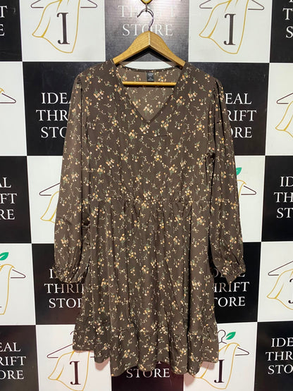 SHEIN CURVE |XL| BUST 22| A17| WOMEN'S BROWN DITSY FLORAL PRINT V-NECK LONG-SLEEVE DRESS