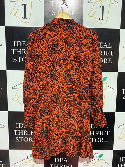 NEW LOOK |M| BUST 19| A17| WOMEN'S BOLD ORANGE AND BLACK FLORAL PRINT TIE-NECK SHIFT DRESS