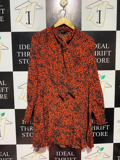 NEW LOOK |M| BUST 19| A17| WOMEN'S BOLD ORANGE AND BLACK FLORAL PRINT TIE-NECK SHIFT DRESS