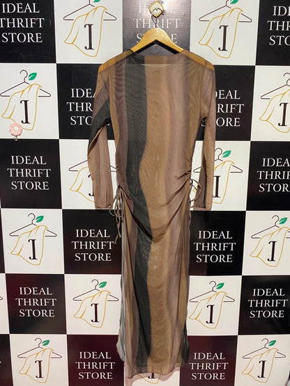 |S| BUST 16| A17| WOMEN'S EARTH-TONE MESH RUCHED LONG-SLEEVE MIDI DRESS