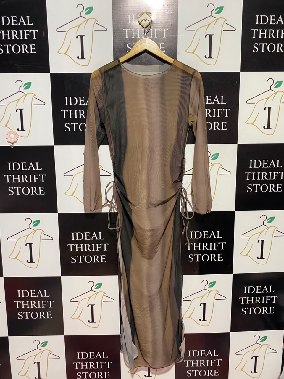 |S| BUST 16| A17| WOMEN'S EARTH-TONE MESH RUCHED LONG-SLEEVE MIDI DRESS