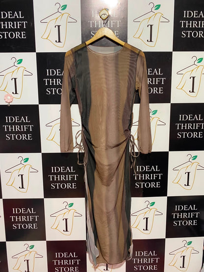 |S| BUST 16| A17| WOMEN'S EARTH-TONE MESH RUCHED LONG-SLEEVE MIDI DRESS