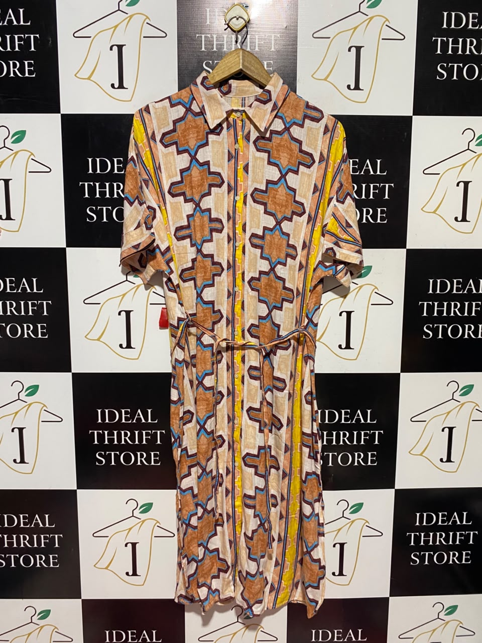 NEXT |M| BUST FREE| A17| WOMEN'S GEOMETRIC PATTERNED SHIRT DRESS WITH TIE BELT