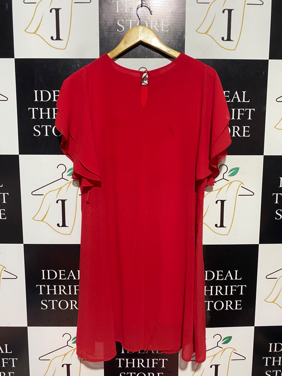 MARISA & MARIE |S| BUST 20| A17| WOMEN'S ELEGANT VIBRANT RED RUFFLE-SLEEVE SHIFT DRESS
