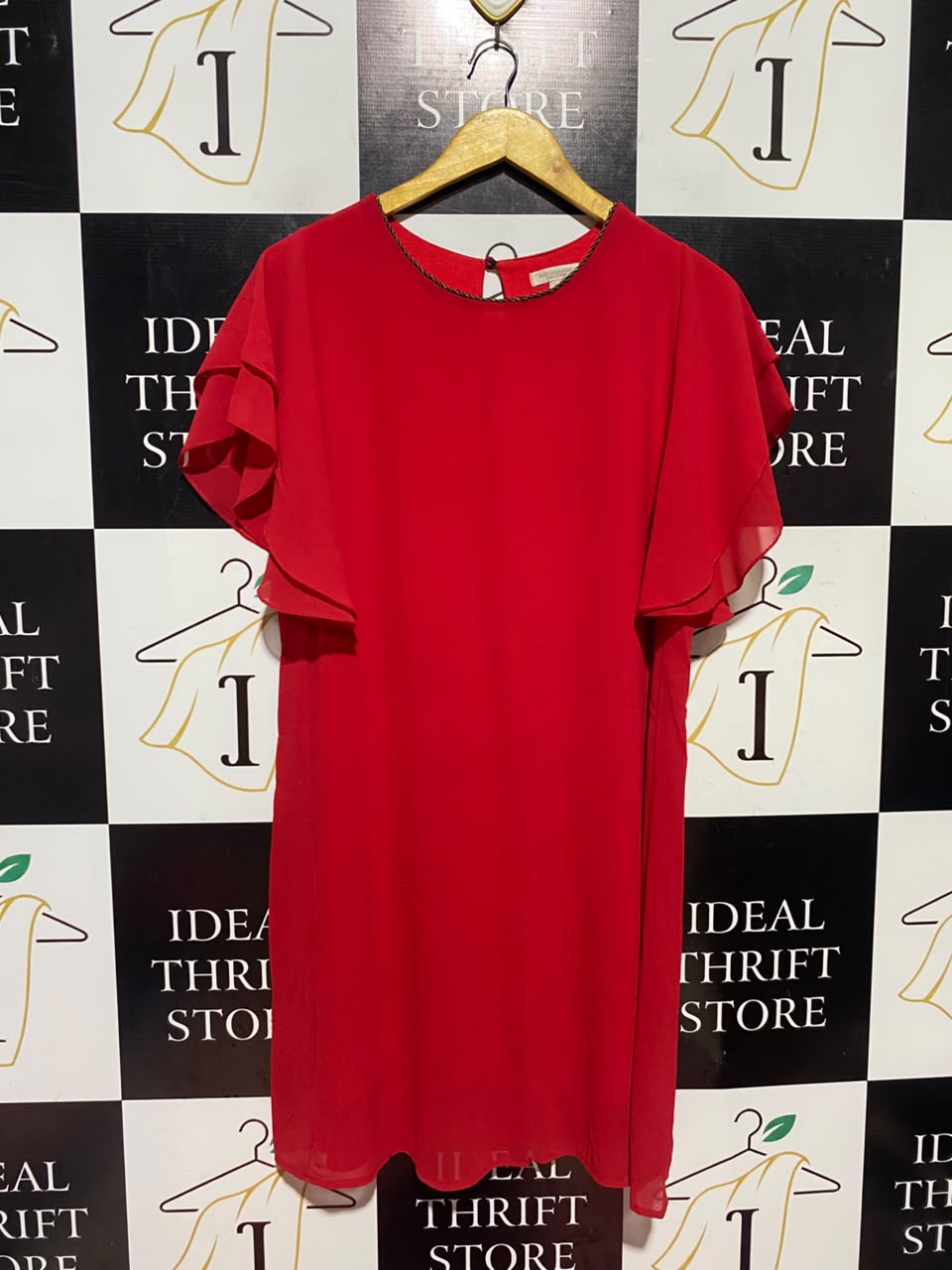 MARISA & MARIE |S| BUST 20| A17| WOMEN'S ELEGANT VIBRANT RED RUFFLE-SLEEVE SHIFT DRESS