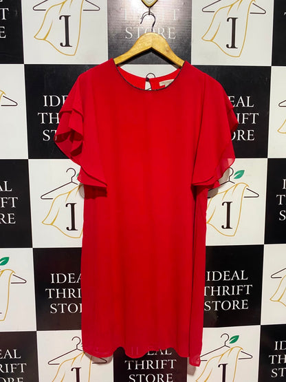 MARISA & MARIE |S| BUST 20| A17| WOMEN'S ELEGANT VIBRANT RED RUFFLE-SLEEVE SHIFT DRESS