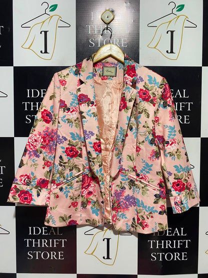 EVUTA GOLD |M| BUST 19| A17| WOMEN'S SOPHISTICATED PINK FLORAL PRINT BLAZER
