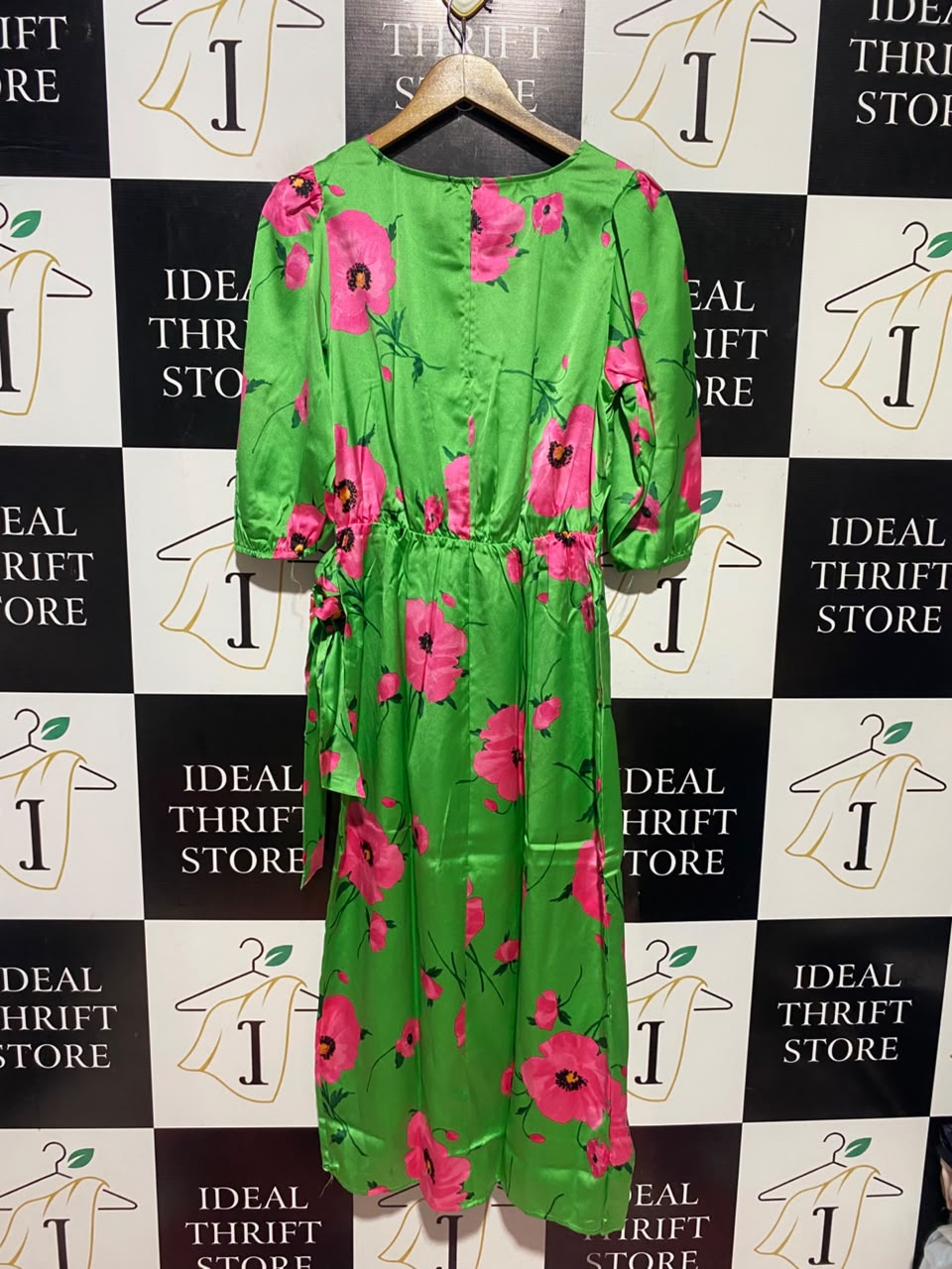 F&F |M| BUST 17| A17| WOMEN'S VIBRANT GREEN & PINK FLORAL PRINT SIDE-TIE DRESS