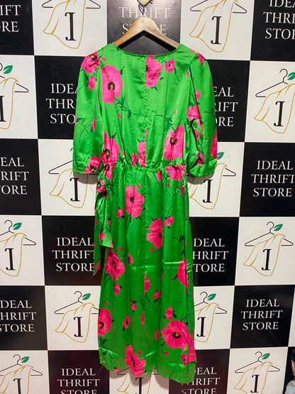 F&F |M| BUST 17| A17| WOMEN'S VIBRANT GREEN & PINK FLORAL PRINT SIDE-TIE DRESS