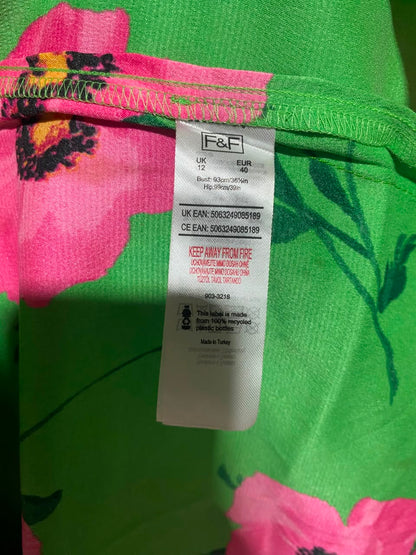 F&F |M| BUST 17| A17| WOMEN'S VIBRANT GREEN & PINK FLORAL PRINT SIDE-TIE DRESS