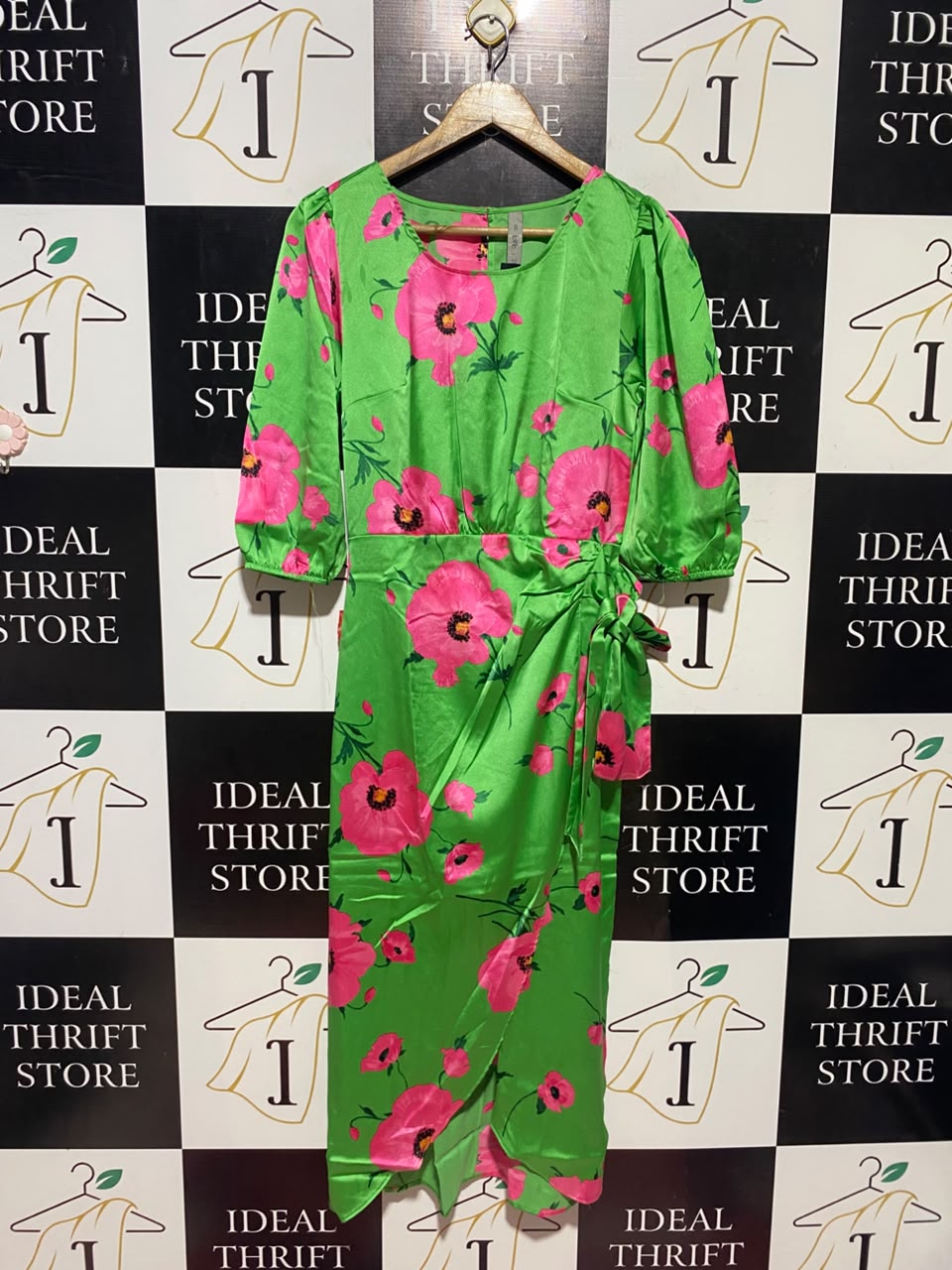 F&F |M| BUST 17| A17| WOMEN'S VIBRANT GREEN & PINK FLORAL PRINT SIDE-TIE DRESS