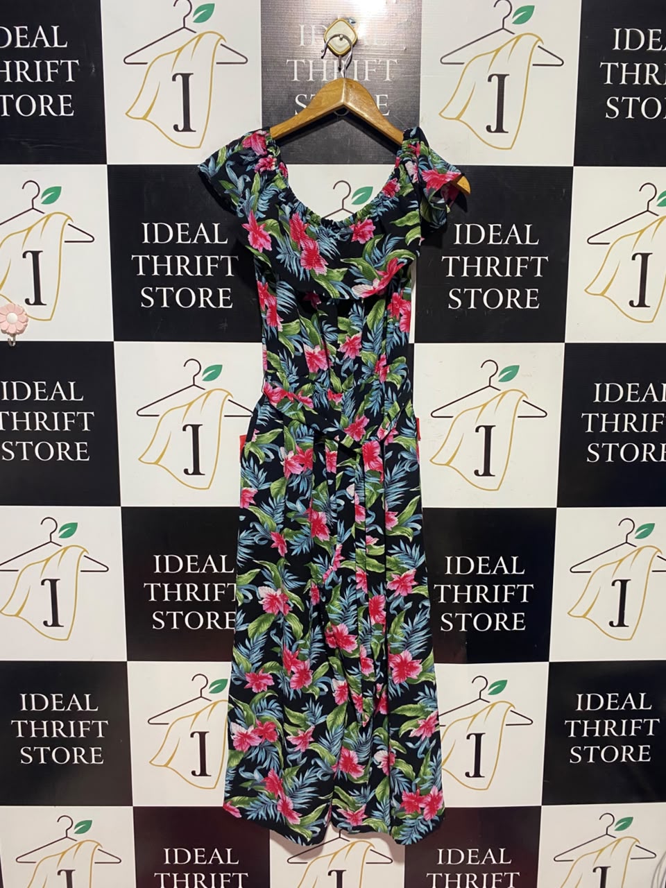 LIPSY |S| BUST 14| A17| WOMEN'S TROPICAL PRINT OFF-THE-SHOULDER RUFFLE JUMPSUIT