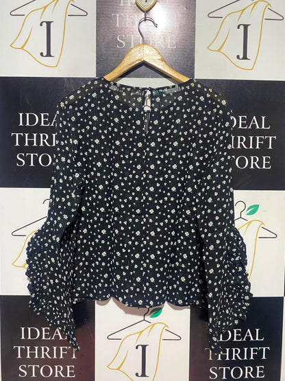 H&M |S| BUST 19| A17| WOMEN'S BLACK DITSY FLORAL RUFFLE-SLEEVE BLOUSE