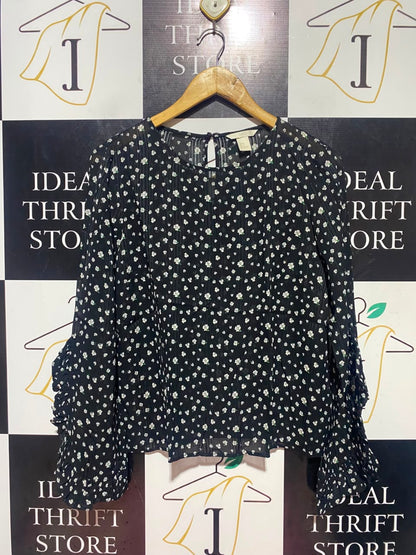 H&M |S| BUST 19| A17| WOMEN'S BLACK DITSY FLORAL RUFFLE-SLEEVE BLOUSE