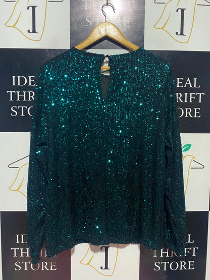 M&CO |L| BUST 23| A17| WOMEN'S GLAMOROUS EMERALD GREEN SEQUIN LONG-SLEEVE BLOUSE